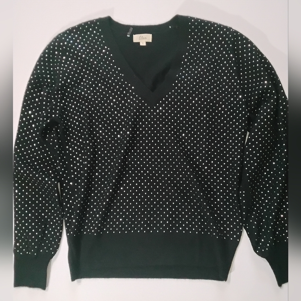 Elan Womens Sweater Large Black Sequin Studded Y2K Cocktail Party Comfy Chic Top